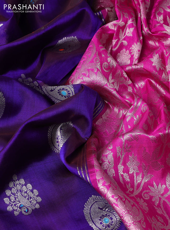 Venkatagiri silk saree blue and pink with silver zari woven buttas and silver zari woven border