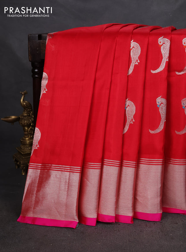 Venkatagiri silk saree red and pink with silver zari woven buttas and silver zari woven border