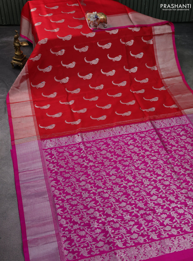 Venkatagiri silk saree red and pink with silver zari woven buttas and silver zari woven border