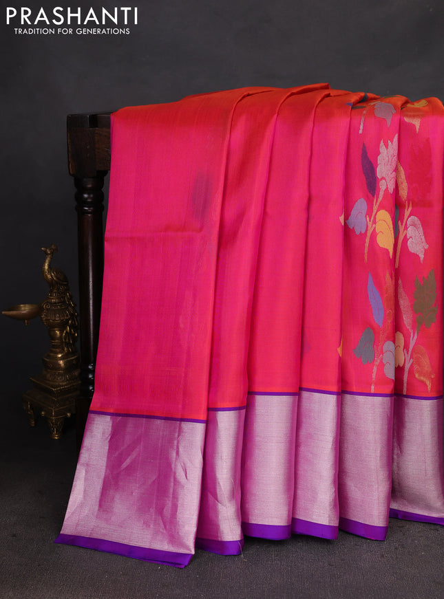 Venkatagiri silk saree dual shade of pinkish orange and blue with allover jamdhani design weaving and silver zari woven border