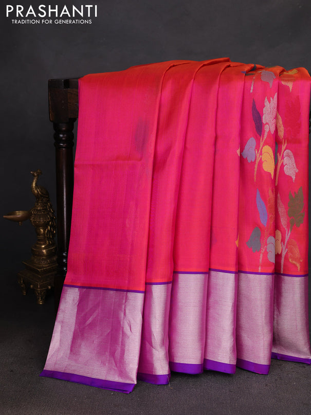 Venkatagiri silk saree dual shade of pinkish orange and blue with allover jamdhani design weaving and silver zari woven border