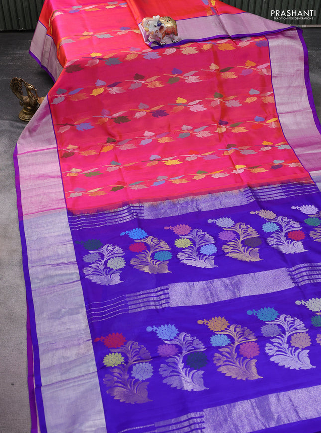 Venkatagiri silk saree dual shade of pinkish orange and blue with allover jamdhani design weaving and silver zari woven border