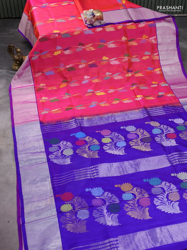 Venkatagiri silk saree dual shade of pinkish orange and blue with allover jamdhani design weaving and silver zari woven border