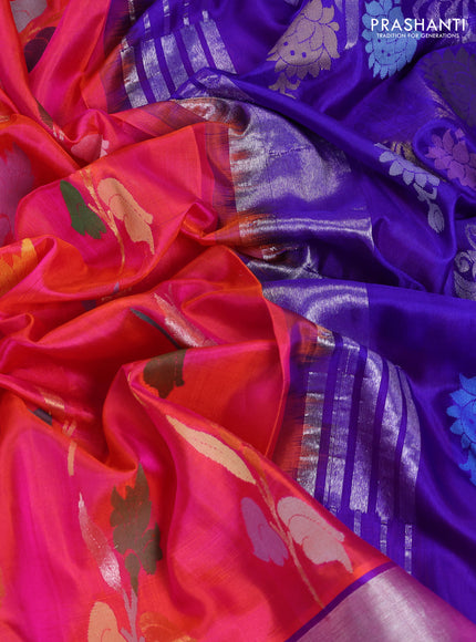 Venkatagiri silk saree dual shade of pinkish orange and blue with allover jamdhani design weaving and silver zari woven border