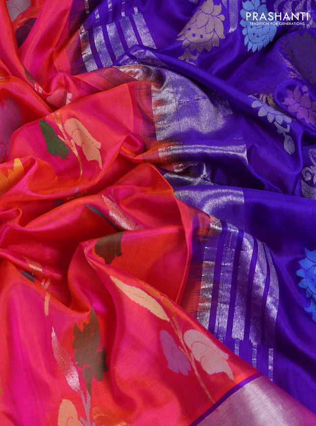 Venkatagiri silk saree dual shade of pinkish orange and blue with allover jamdhani design weaving and silver zari woven border