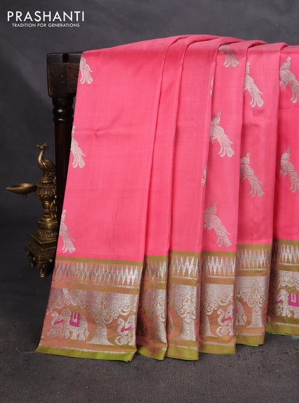 Venkatagiri silk saree peach pink and light green with silver zari woven buttas and silver zari woven border