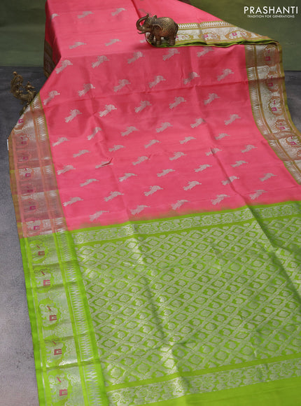 Venkatagiri silk saree peach pink and light green with silver zari woven buttas and silver zari woven border