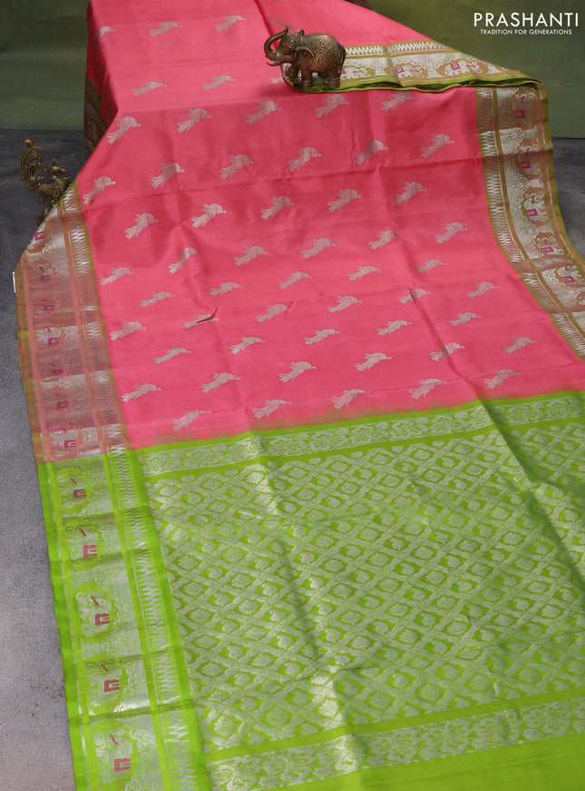 Venkatagiri silk saree peach pink and light green with silver zari woven buttas and silver zari woven border