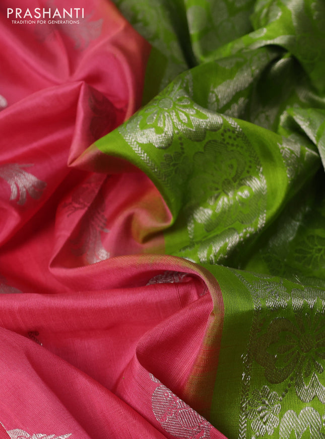 Venkatagiri silk saree peach pink and light green with silver zari woven buttas and silver zari woven border