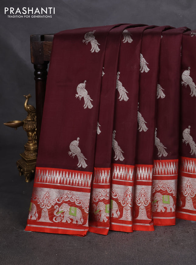 Venkatagiri silk saree deep maroon and orange with silver zari woven buttas and silver zari woven border