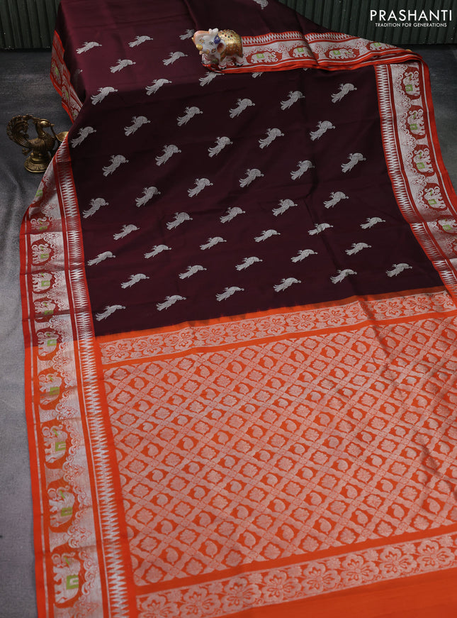 Venkatagiri silk saree deep maroon and orange with silver zari woven buttas and silver zari woven border