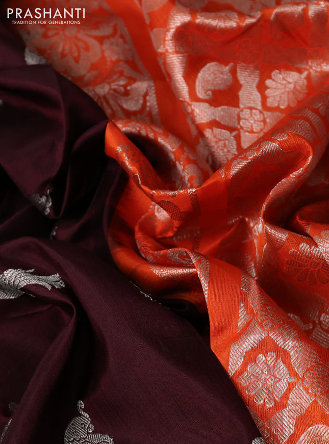Venkatagiri silk saree deep maroon and orange with silver zari woven buttas and silver zari woven border