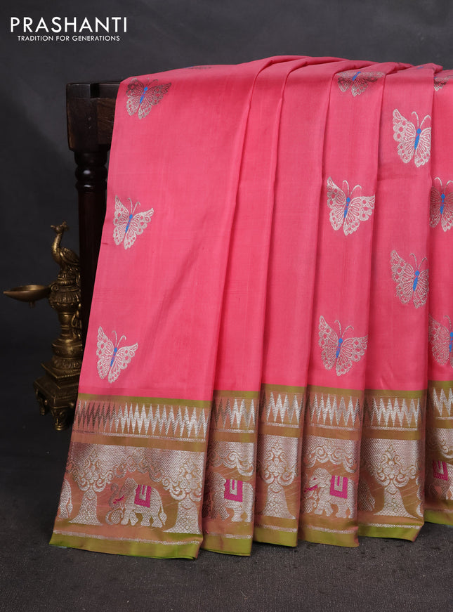 Venkatagiri silk saree peach pink and light green with silver zari woven buttas and silver zari woven border