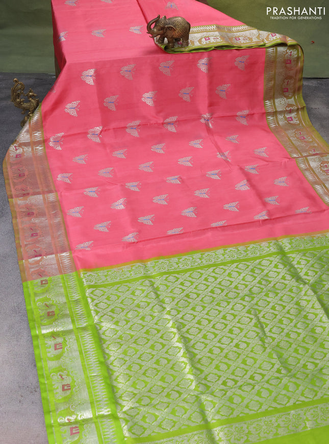 Venkatagiri silk saree peach pink and light green with silver zari woven buttas and silver zari woven border