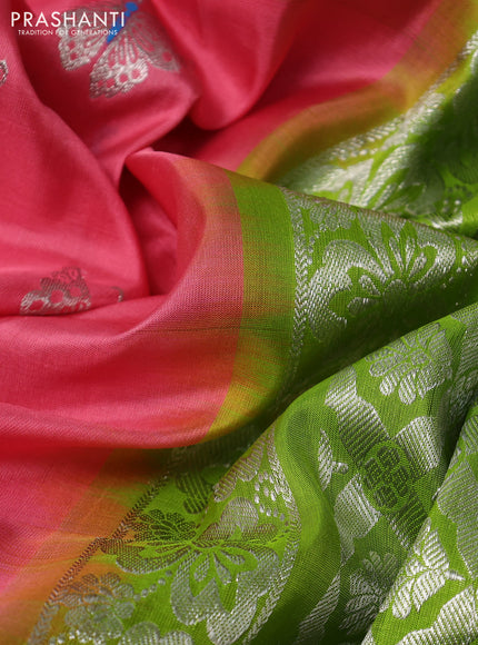 Venkatagiri silk saree peach pink and light green with silver zari woven buttas and silver zari woven border
