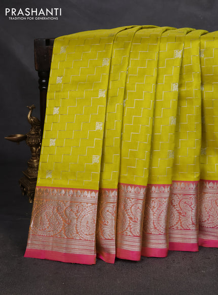 Venkatagiri silk saree lime yellow and pink with allover silver zari weaves & buttas and silver zari woven border