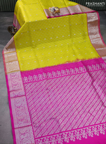 Venkatagiri silk saree lime yellow and pink with allover silver zari weaves & buttas and silver zari woven border