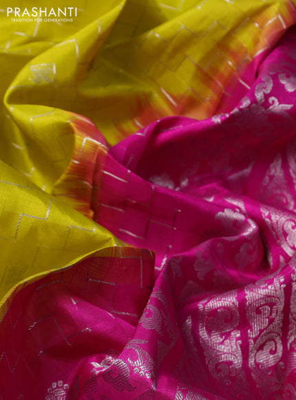 Venkatagiri silk saree lime yellow and pink with allover silver zari weaves & buttas and silver zari woven border