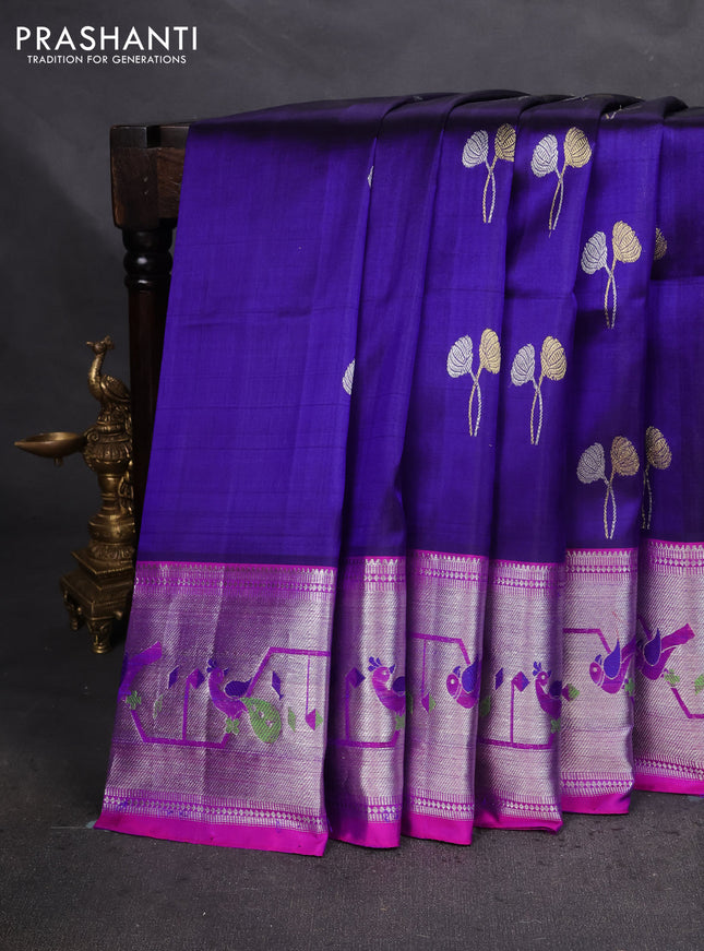 Venkatagiri silk saree blue and pink with silver & gold zari woven floral buttas and silver zari woven paithani border
