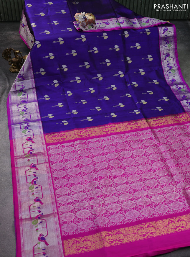 Venkatagiri silk saree blue and pink with silver & gold zari woven floral buttas and silver zari woven paithani border