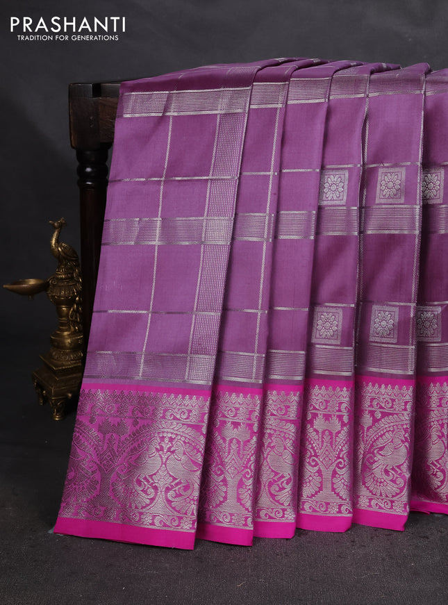 Venkatagiri silk saree pastel lavender and pink with silver zari checks & buttas and silver zari woven border