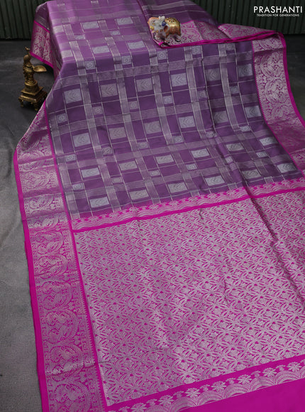 Venkatagiri silk saree pastel lavender and pink with silver zari checks & buttas and silver zari woven border