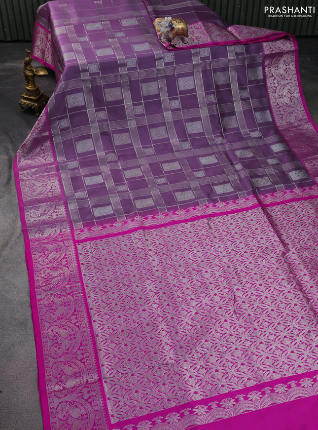 Venkatagiri silk saree pastel lavender and pink with silver zari checks & buttas and silver zari woven border