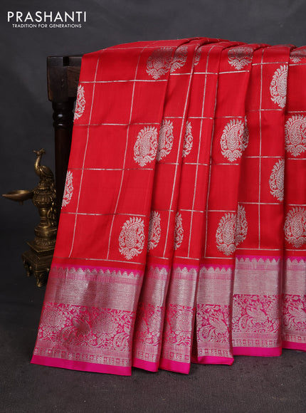 Venkatagiri silk saree red and pink with silver zari checks & buttas and silver zari woven border