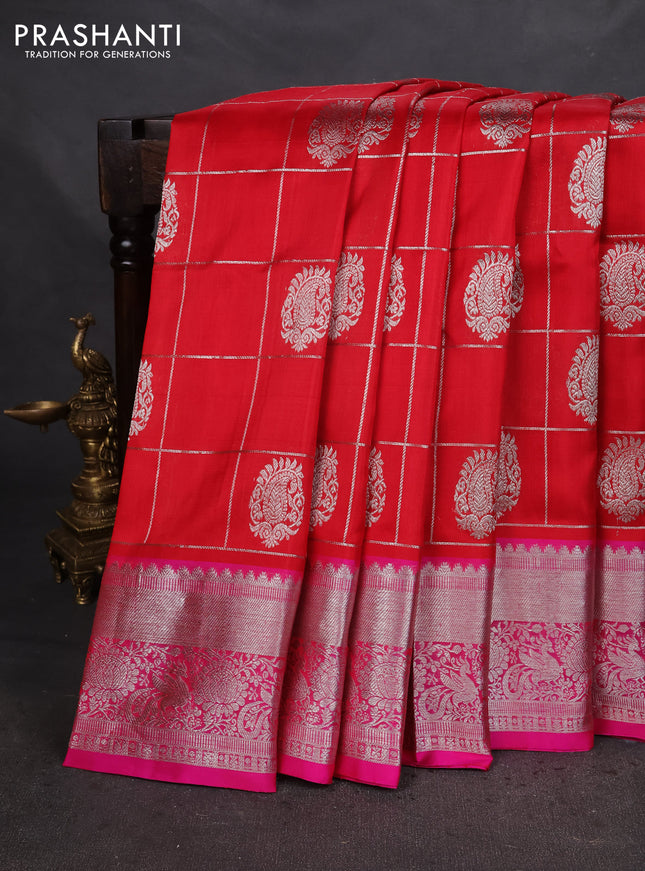 Venkatagiri silk saree red and pink with silver zari checks & buttas and silver zari woven border