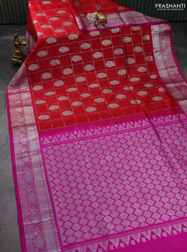 Venkatagiri silk saree red and pink with silver zari checks & buttas and silver zari woven border