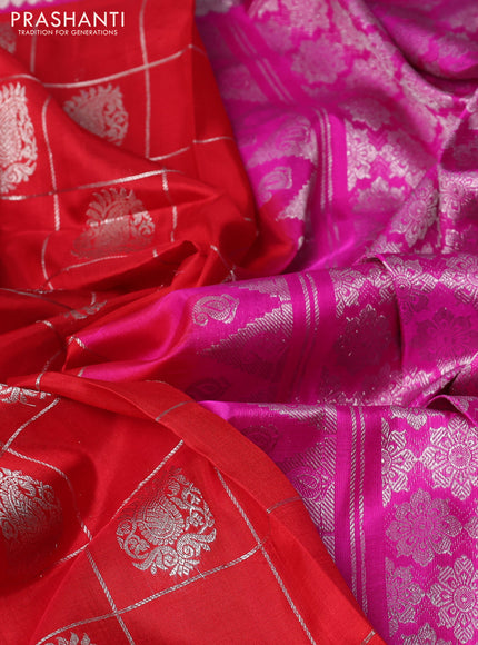 Venkatagiri silk saree red and pink with silver zari checks & buttas and silver zari woven border