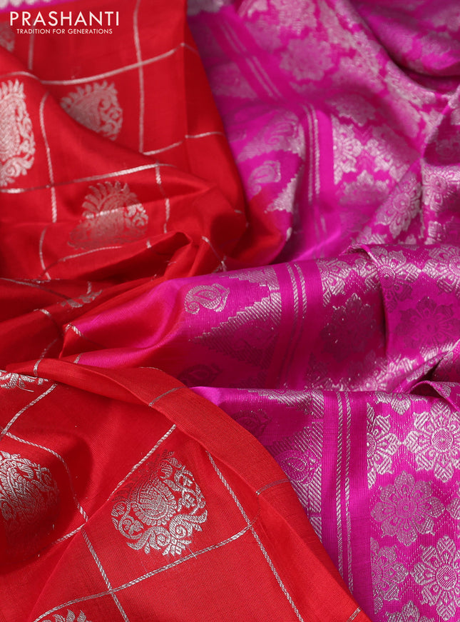 Venkatagiri silk saree red and pink with silver zari checks & buttas and silver zari woven border