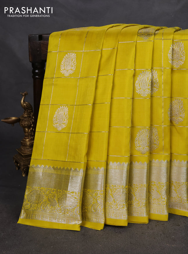 Venkatagiri silk saree lime yellow with silver zari checks & buttas and silver zari woven border