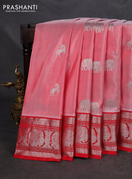 Venkatagiri silk saree red shade with silver zari woven buttas and silver zari woven border