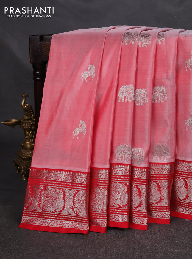 Venkatagiri silk saree red shade with silver zari woven buttas and silver zari woven border