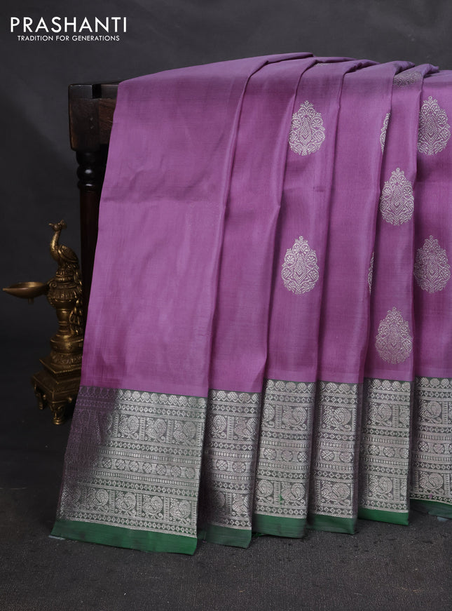 Venkatagiri silk saree pastel lavender and green with silver zari woven buttas and silver zari woven border
