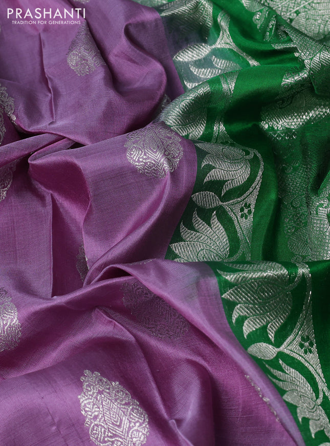 Venkatagiri silk saree pastel lavender and green with silver zari woven buttas and silver zari woven border