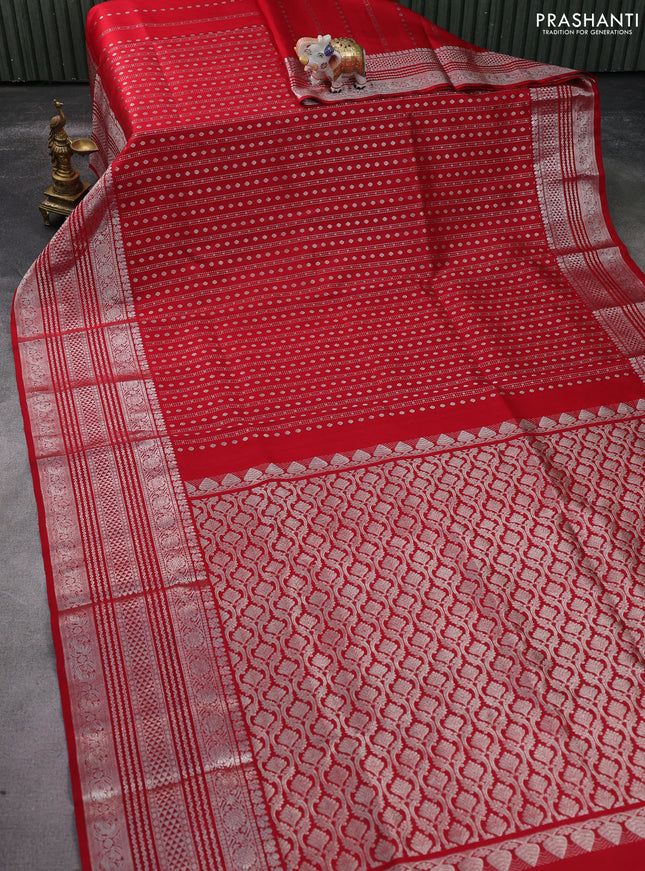 Venkatagiri silk saree red with allover silver zari woven butta weaves and long silver zari woven border