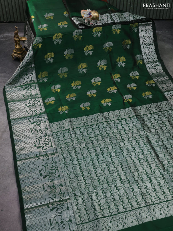 Venkatagiri silk saree green with silver & gold zari woven floral buttas and long silver zari woven border
