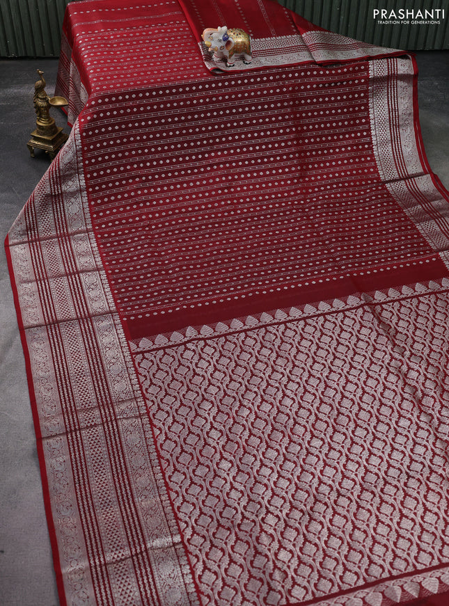 Venkatagiri silk saree maroon with allover silver zari woven butta weaves and long silver zari woven border