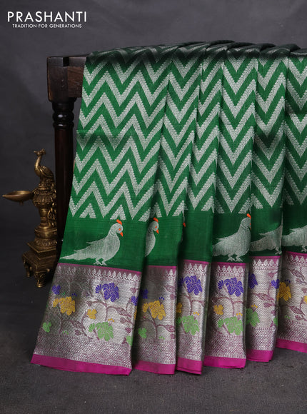 Venkatagiri silk saree green and magenta pink with allover zig zag silver zari weaves and silver zari woven paithani border