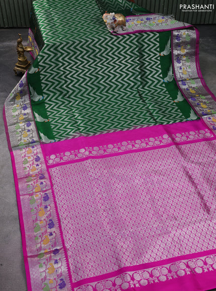 Venkatagiri silk saree green and magenta pink with allover zig zag silver zari weaves and silver zari woven paithani border