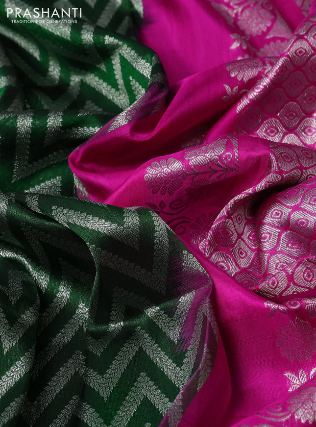 Venkatagiri silk saree green and magenta pink with allover zig zag silver zari weaves and silver zari woven paithani border