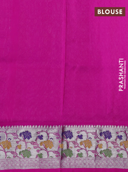 Venkatagiri silk saree green and magenta pink with allover zig zag silver zari weaves and silver zari woven paithani border
