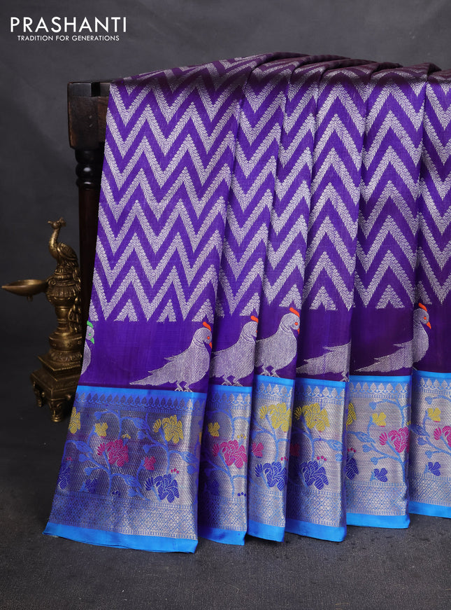 Venkatagiri silk saree blue and cs blue with allover zig zag silver zari weaves and silver zari woven paithani border