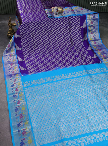 Venkatagiri silk saree blue and cs blue with allover zig zag silver zari weaves and silver zari woven paithani border