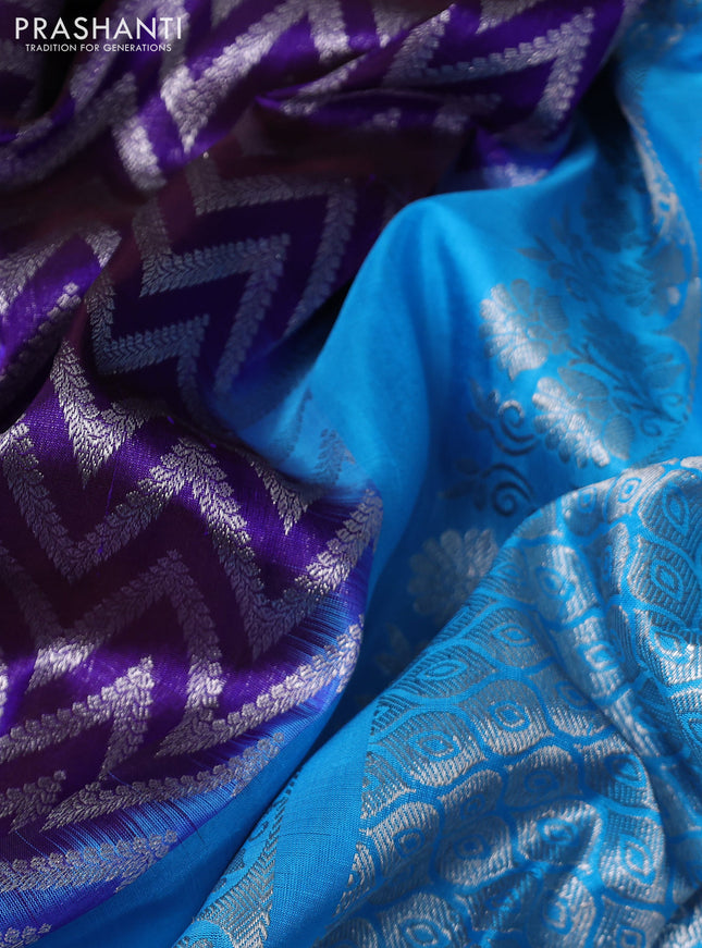 Venkatagiri silk saree blue and cs blue with allover zig zag silver zari weaves and silver zari woven paithani border