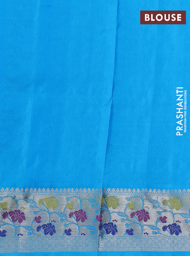 Venkatagiri silk saree blue and cs blue with allover zig zag silver zari weaves and silver zari woven paithani border