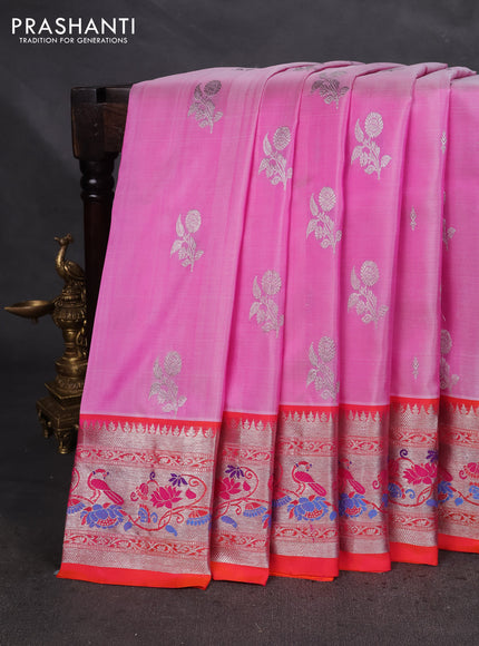 Venkatagiri silk saree light pink and dual shade of pinkish orange with silver zari woven buttas and silver zari woven border