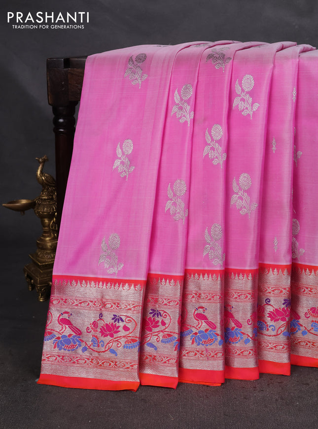 Venkatagiri silk saree light pink and dual shade of pinkish orange with silver zari woven buttas and silver zari woven border